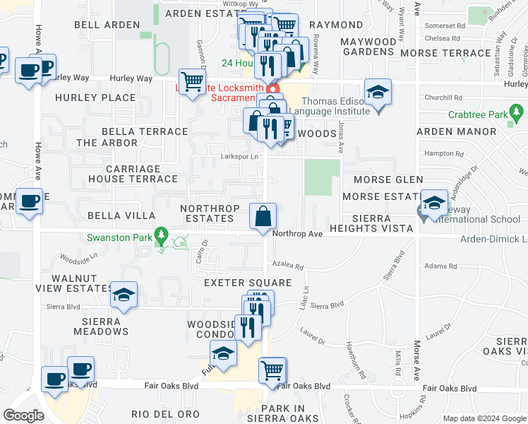 map of restaurants, bars, coffee shops, grocery stores, and more near 960 Fulton Avenue in Sacramento
