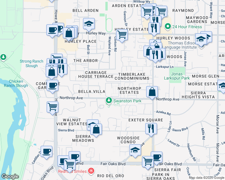 map of restaurants, bars, coffee shops, grocery stores, and more near 1017 Dornajo Way in Sacramento