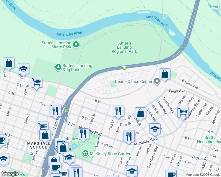 map of restaurants, bars, coffee shops, grocery stores, and more near 3227 McKinley Village Way in Sacramento