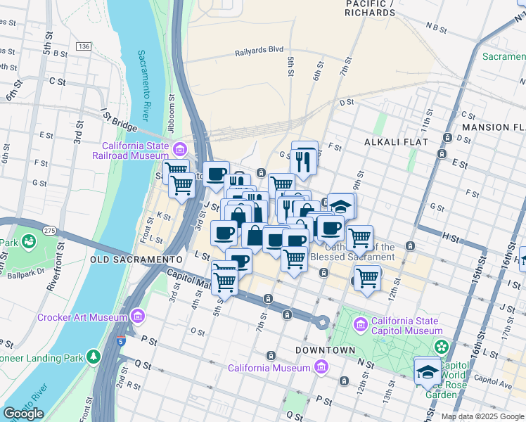 map of restaurants, bars, coffee shops, grocery stores, and more near in Sacramento