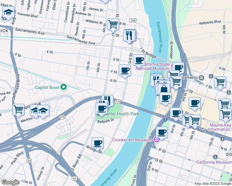 map of restaurants, bars, coffee shops, grocery stores, and more near 733 5th Street in West Sacramento