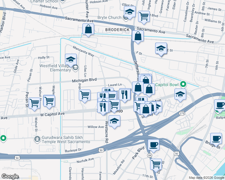 map of restaurants, bars, coffee shops, grocery stores, and more near 1613 Laurel Lane in West Sacramento