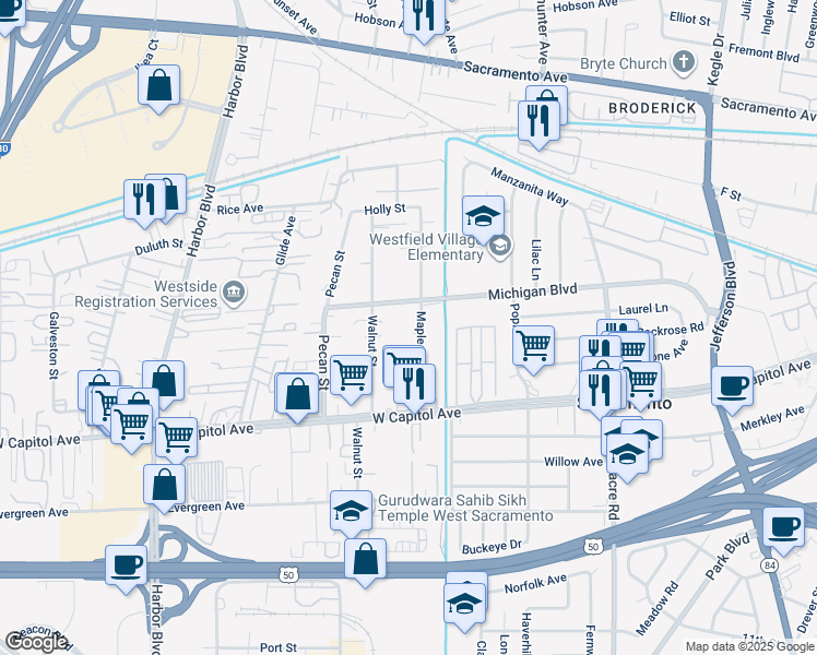 map of restaurants, bars, coffee shops, grocery stores, and more near 2219 Michigan Boulevard in West Sacramento