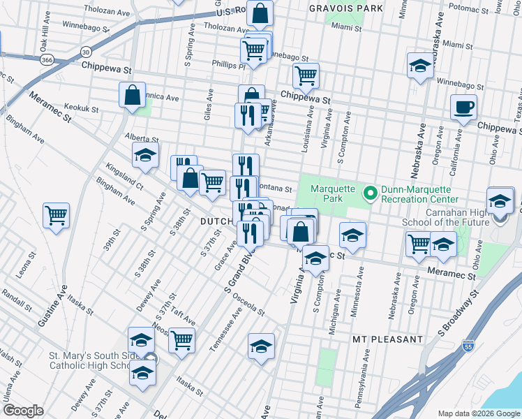 map of restaurants, bars, coffee shops, grocery stores, and more near in St. Louis