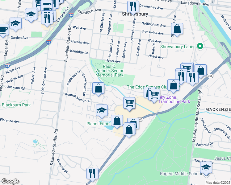 map of restaurants, bars, coffee shops, grocery stores, and more near 7507 Triwoods Drive in St. Louis