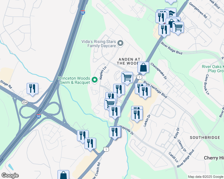 map of restaurants, bars, coffee shops, grocery stores, and more near 17045 Islip Loop in Dumfries