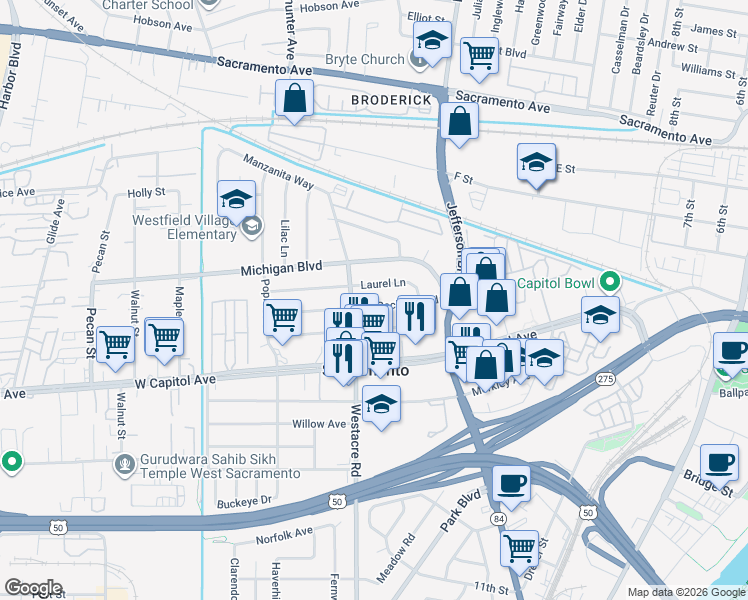 map of restaurants, bars, coffee shops, grocery stores, and more near 1613 Laurel Lane in West Sacramento
