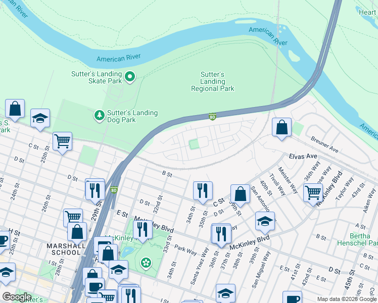 map of restaurants, bars, coffee shops, grocery stores, and more near 3227 McKinley Village Way in Sacramento