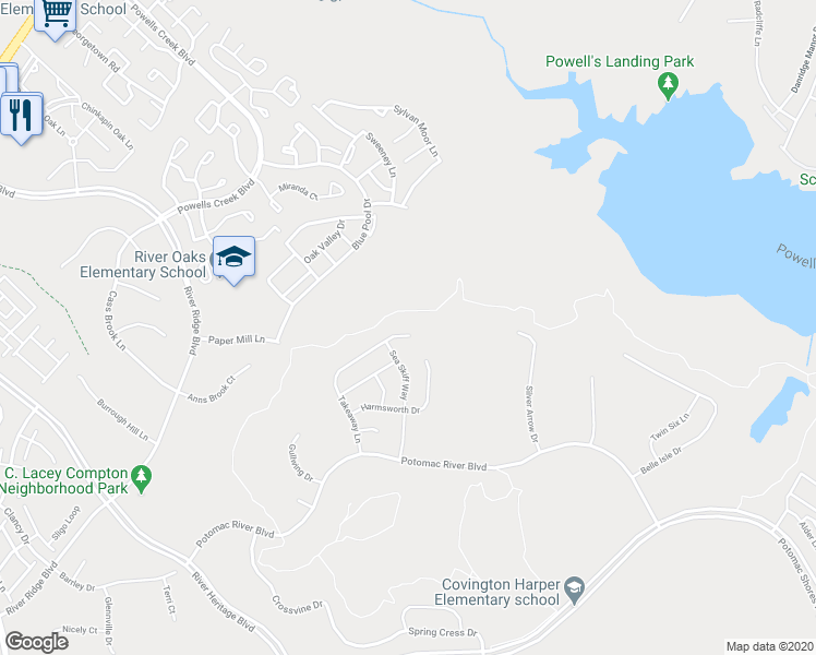 map of restaurants, bars, coffee shops, grocery stores, and more near 16908 Takeaway Lane in Dumfries