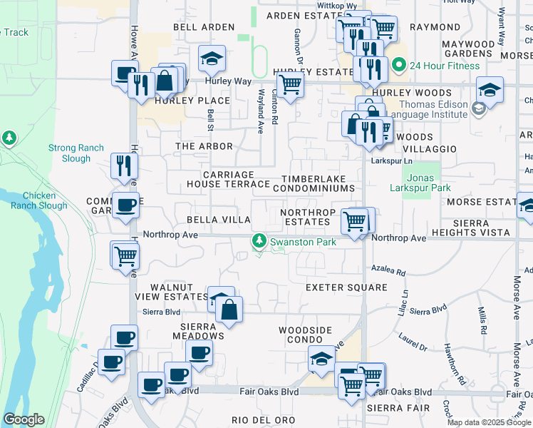map of restaurants, bars, coffee shops, grocery stores, and more near 2345 Northrop Avenue in Sacramento