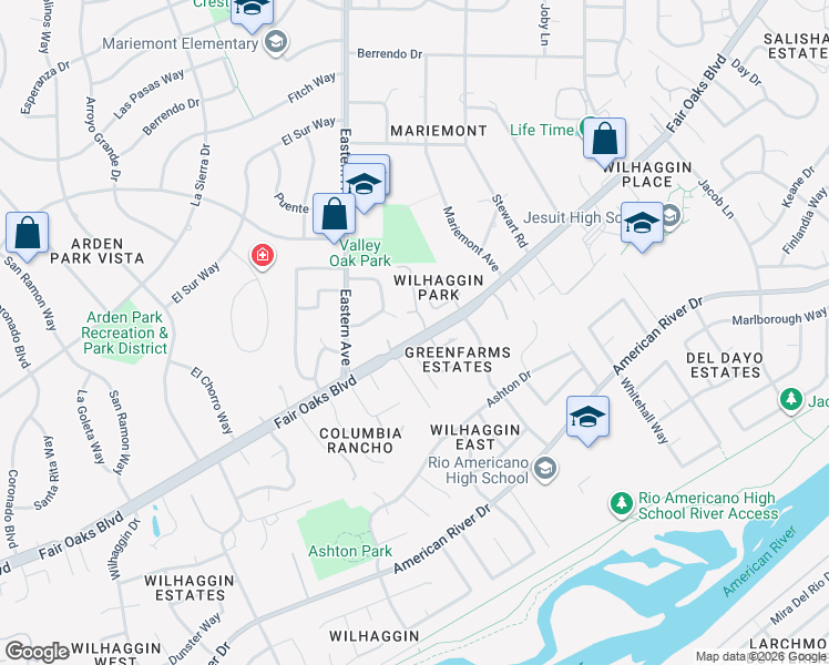 map of restaurants, bars, coffee shops, grocery stores, and more near 4409 Fair Oaks Boulevard in Sacramento
