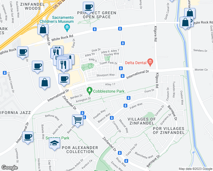 map of restaurants, bars, coffee shops, grocery stores, and more near 10953 Merrick Way in Rancho Cordova