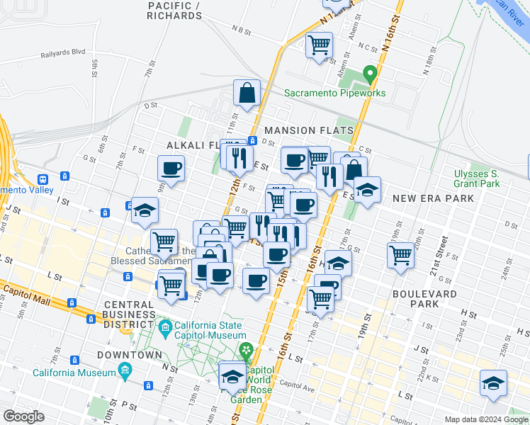 map of restaurants, bars, coffee shops, grocery stores, and more near 1311 G Street in Sacramento