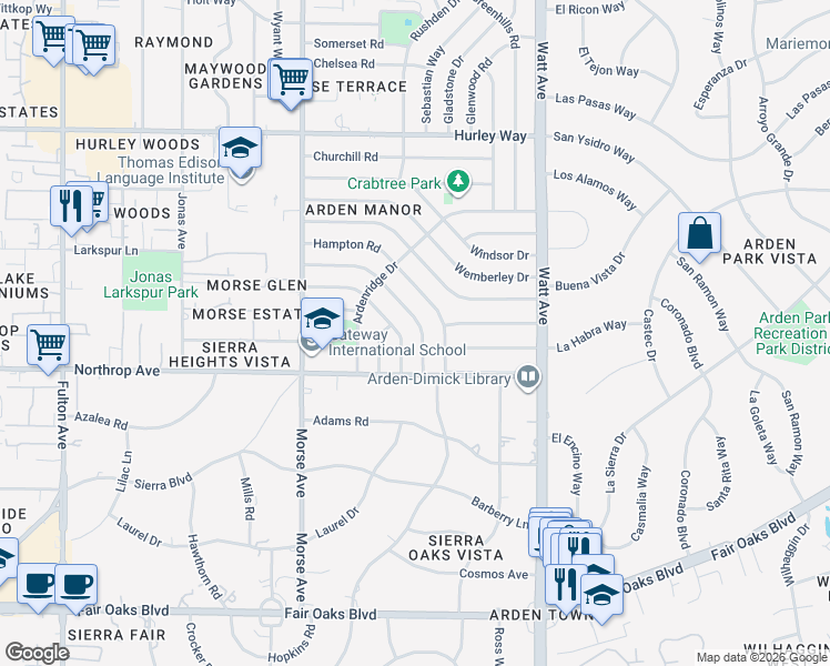 map of restaurants, bars, coffee shops, grocery stores, and more near 936 Amberwood Road in Sacramento
