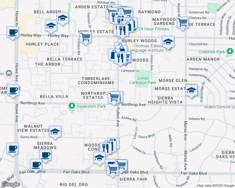 map of restaurants, bars, coffee shops, grocery stores, and more near 960 Fulton Avenue in Sacramento