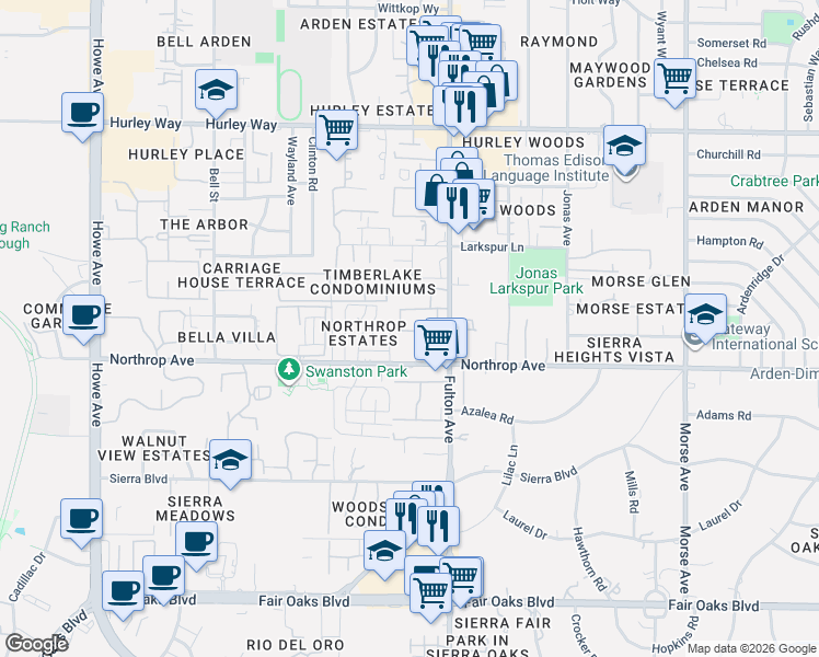map of restaurants, bars, coffee shops, grocery stores, and more near 973 Fulton Avenue in Sacramento