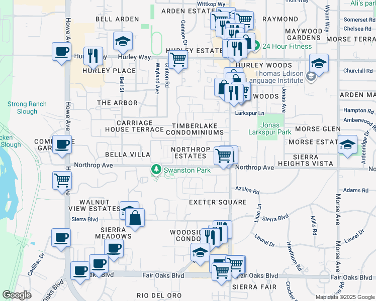 map of restaurants, bars, coffee shops, grocery stores, and more near 2408 Cava Court in Sacramento