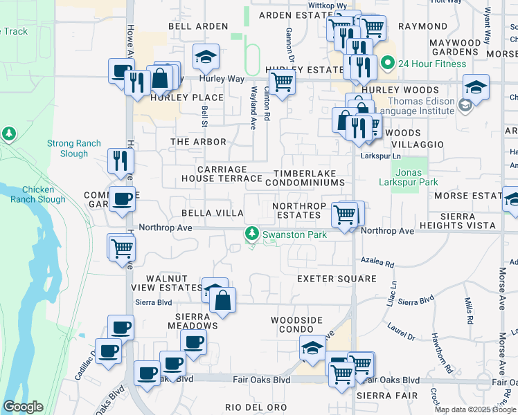 map of restaurants, bars, coffee shops, grocery stores, and more near 1017 Dornajo Way in Sacramento