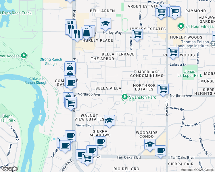 map of restaurants, bars, coffee shops, grocery stores, and more near 2352 Villanova Circle in Sacramento