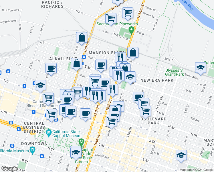 map of restaurants, bars, coffee shops, grocery stores, and more near 1423 F Street in Sacramento