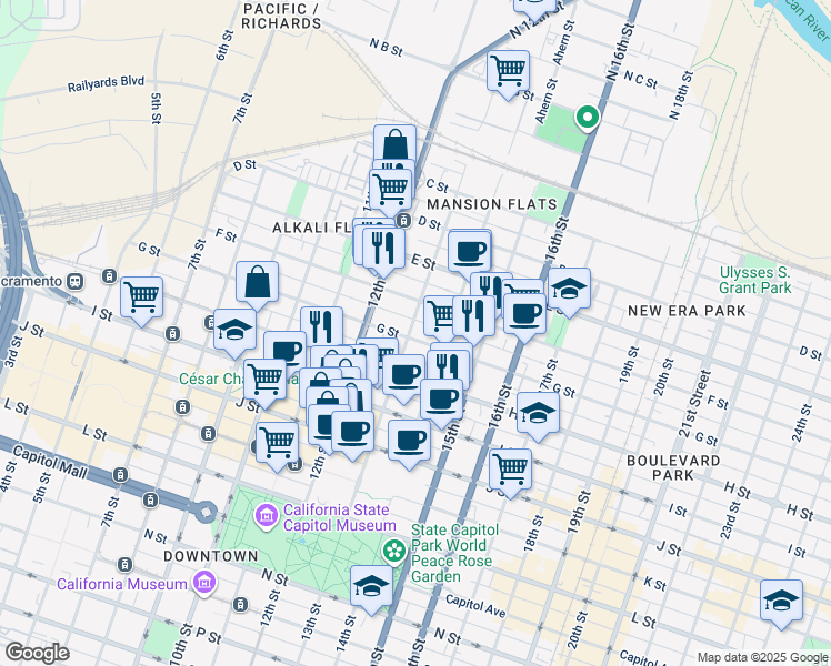 map of restaurants, bars, coffee shops, grocery stores, and more near 1233 G Street in Sacramento