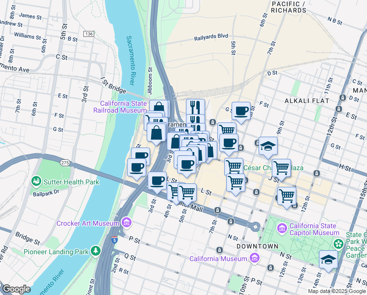 map of restaurants, bars, coffee shops, grocery stores, and more near 333 J Street in Sacramento