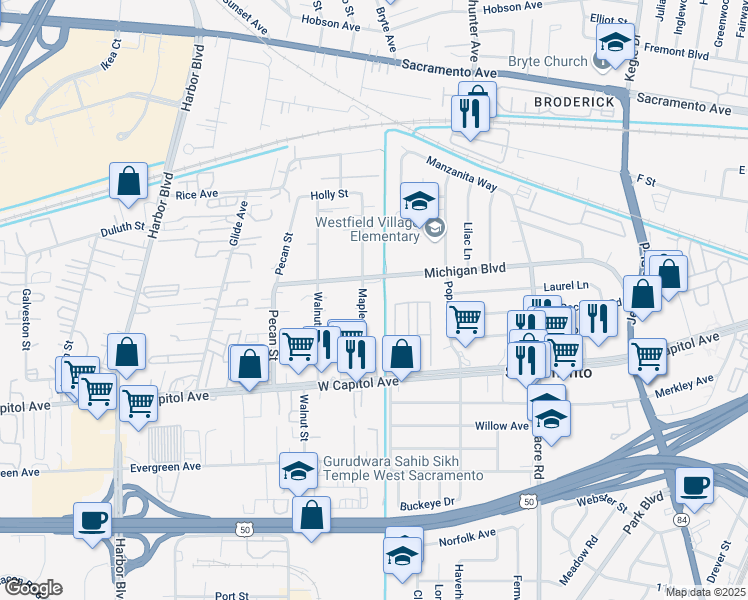 map of restaurants, bars, coffee shops, grocery stores, and more near 611 Maple Street in West Sacramento