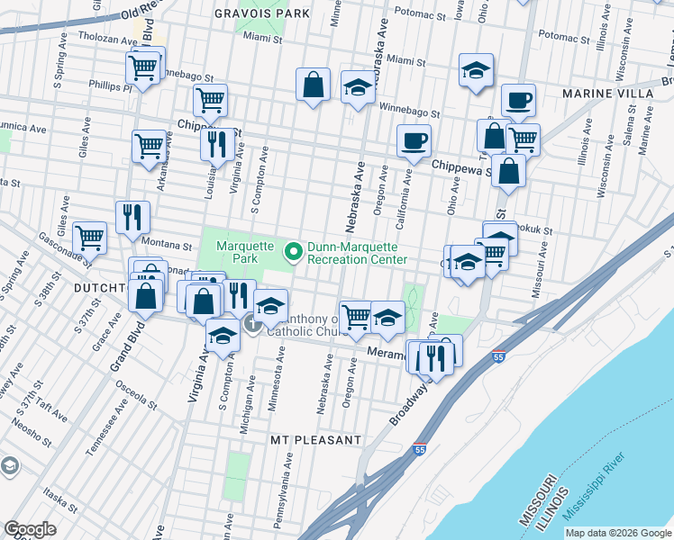 map of restaurants, bars, coffee shops, grocery stores, and more near 4016 Pennsylvania Avenue in St. Louis