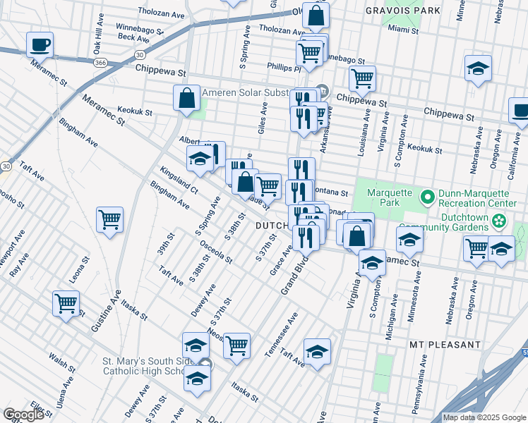 map of restaurants, bars, coffee shops, grocery stores, and more near in St. Louis