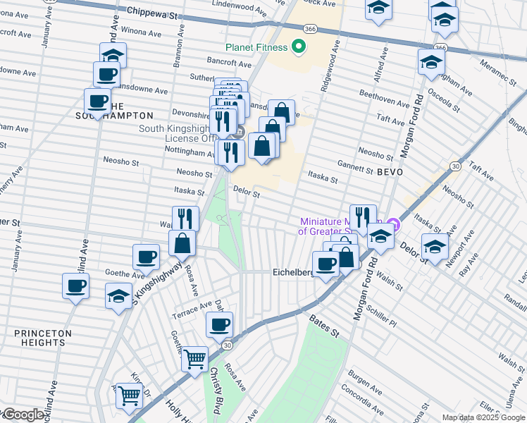 map of restaurants, bars, coffee shops, grocery stores, and more near 4646 Delor Street in St. Louis