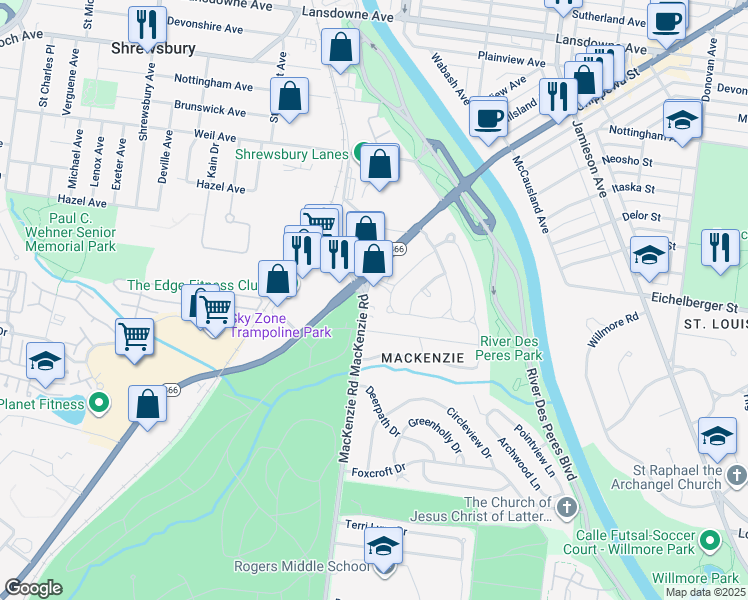map of restaurants, bars, coffee shops, grocery stores, and more near 7144 Villanova Plaza in St. Louis