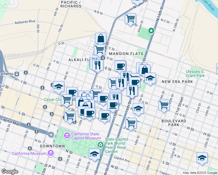 map of restaurants, bars, coffee shops, grocery stores, and more near 1315 G Street in Sacramento
