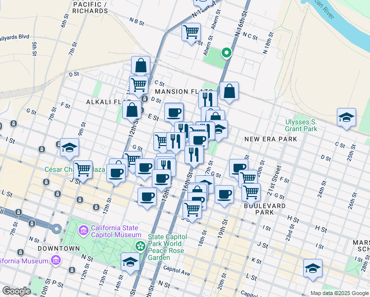 map of restaurants, bars, coffee shops, grocery stores, and more near 1423 F Street in Sacramento