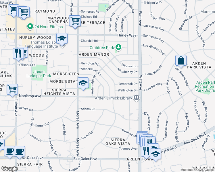 map of restaurants, bars, coffee shops, grocery stores, and more near 936 Amberwood Road in Sacramento