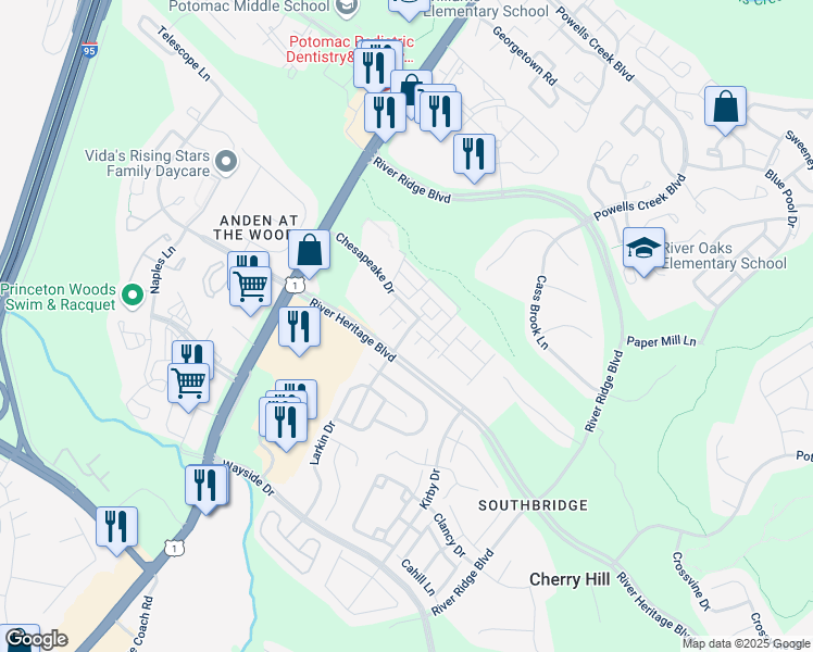 map of restaurants, bars, coffee shops, grocery stores, and more near 2900 Shorehaven Way in Dumfries