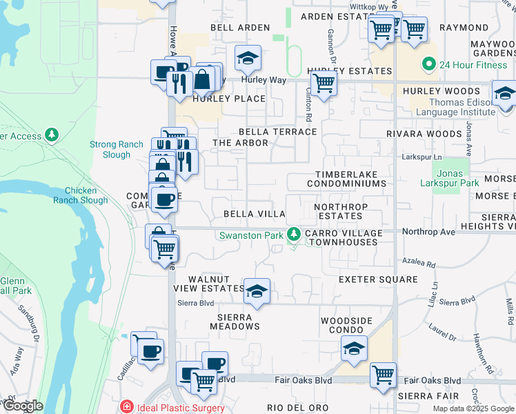 map of restaurants, bars, coffee shops, grocery stores, and more near 2349 Villanova Circle in Sacramento