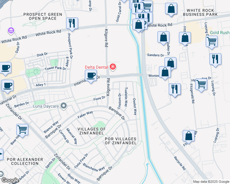map of restaurants, bars, coffee shops, grocery stores, and more near 3305 Brolio Court in Rancho Cordova