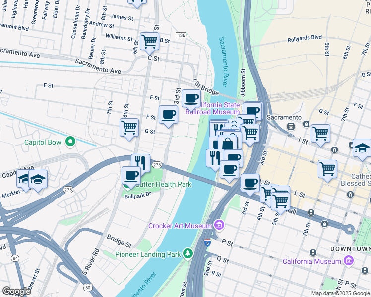 map of restaurants, bars, coffee shops, grocery stores, and more near 707 3rd Street in West Sacramento