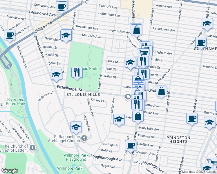 map of restaurants, bars, coffee shops, grocery stores, and more near 6266 Loran Avenue in St. Louis