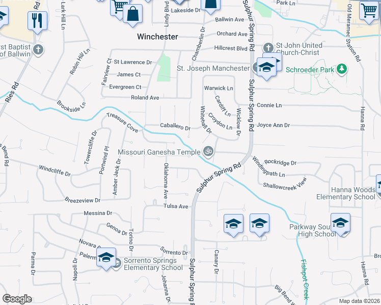 map of restaurants, bars, coffee shops, grocery stores, and more near 429 Woodland Hill Court in Ballwin