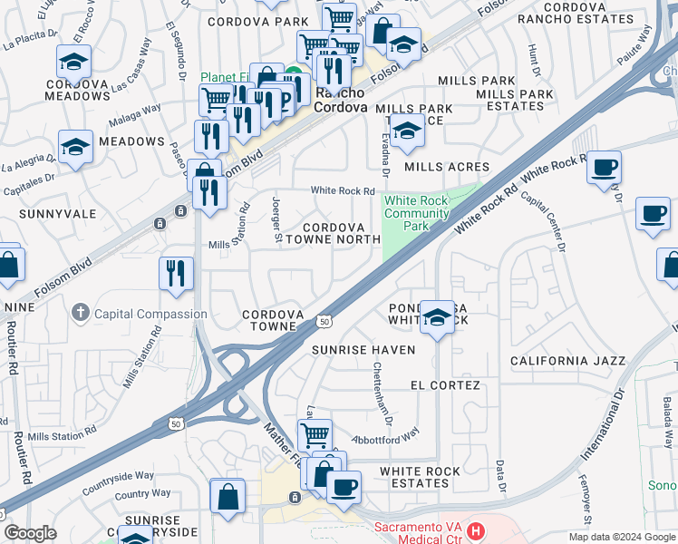 map of restaurants, bars, coffee shops, grocery stores, and more near 3144 Portsmouth Drive in Rancho Cordova