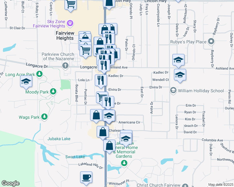 map of restaurants, bars, coffee shops, grocery stores, and more near 6 Elvira Drive in Fairview Heights