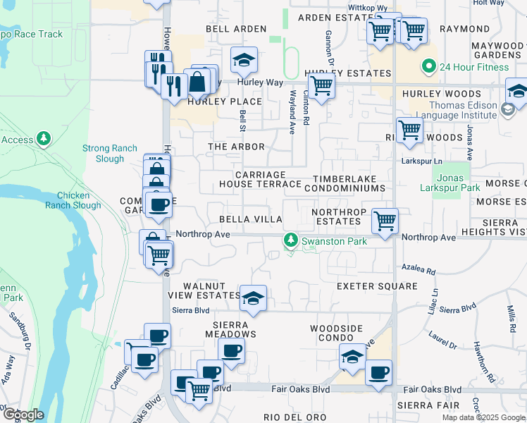 map of restaurants, bars, coffee shops, grocery stores, and more near 2352 Villanova Circle in Sacramento