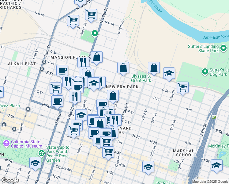 map of restaurants, bars, coffee shops, grocery stores, and more near 404 20th Street in Sacramento