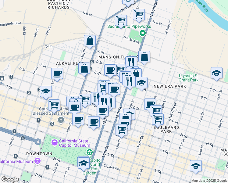 map of restaurants, bars, coffee shops, grocery stores, and more near 1423 F Street in Sacramento