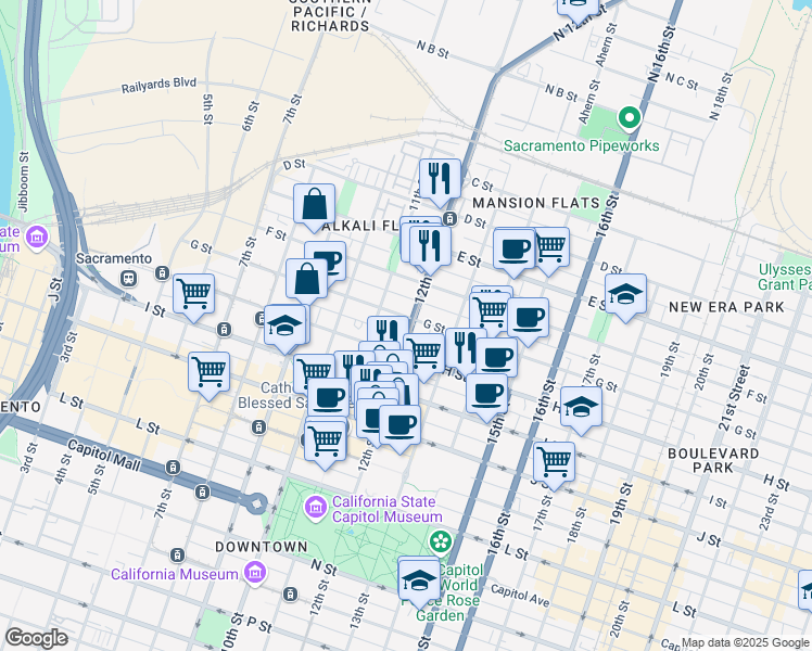 map of restaurants, bars, coffee shops, grocery stores, and more near 701 Lincoln Highway in Sacramento
