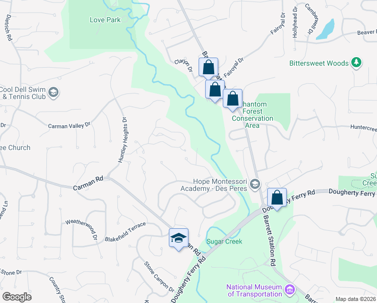 map of restaurants, bars, coffee shops, grocery stores, and more near 35 Ridgeview Circle Drive in Ballwin
