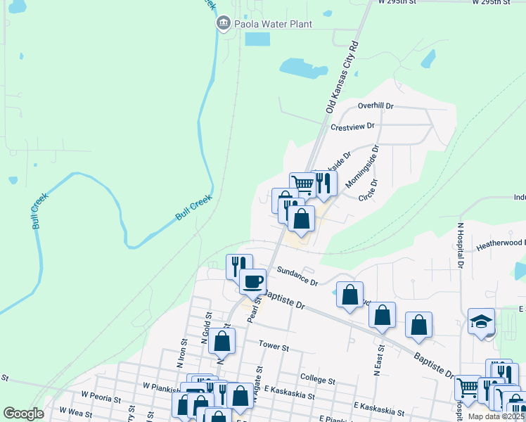 map of restaurants, bars, coffee shops, grocery stores, and more near 908 North Pearl Street in Paola