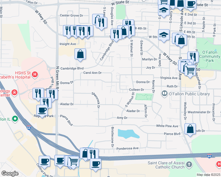 map of restaurants, bars, coffee shops, grocery stores, and more near 545 Donna Drive in O'Fallon