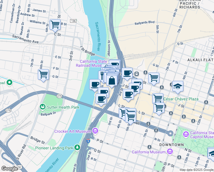 map of restaurants, bars, coffee shops, grocery stores, and more near 1150 Firehouse Alley in Sacramento